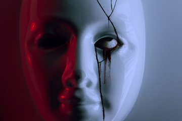 Horror scary plastic mask with bleeding eye.