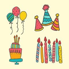 Creative, set of hand drawn doodle cartoon objects and symbols on the birthday party