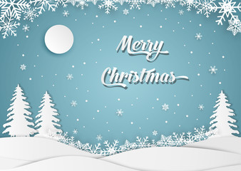 Christmas and happy new year blue vector background with snow, celebration concept, paper art design