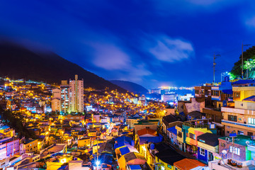 Naklejka premium Pusan,South Korea-September 30,2019: Night Cityscape of Gamcheon Culture Village. nickname of 