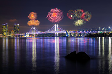  Fireworks and nightcityscape of Gwangan Bridge in Busan city, South Korea