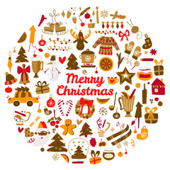  Vector mega set of Christmas and New Year elements with holiday objects and symbols. Hand drawn style, design of cards, posters, packaging.