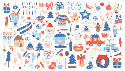 Vector mega set of Christmas and New Year elements with holiday objects and symbols. Hand drawn blue style, design of cards, posters, packaging.