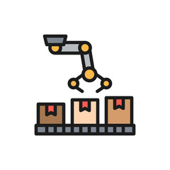 Robotic arm on packing conveyor, production line flat color icon.