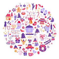 Naklejka premium Vector mega set of Christmas and New Year elements with holiday objects and symbols. Hand drawn pink style, design of cards, posters, packaging.