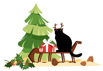 Obraz na płótnie Canvas Christmas illustration. cat with deer antlers on a sleigh. vector image