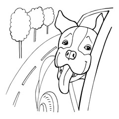 Black and White Cartoon Vector Illustration of Funny Dog in the Car for Coloring Book