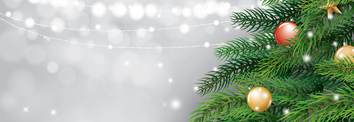 Fototapeta na wymiar Christmas tree and blur bokeh lights background. Xmas and happy new year. Vector illustration for greeting card, cover, banner, header template.