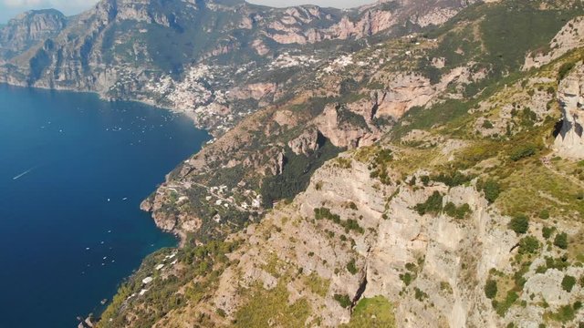 Aerial panorama from hiking trail, Path of the Gods, revealing the famous town of Positano
