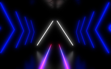 abstract architecture tunnel with neon light. 3d illustrationa