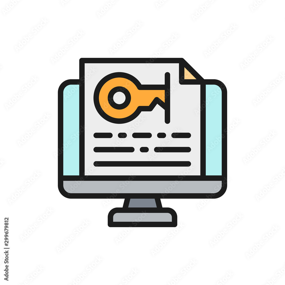 Poster monitor with password, text key flat color icon.