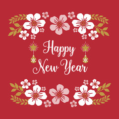 Banner text happy new year with graphic white flower frame ornate. Vector