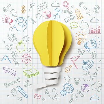 Paper art of light bulb creative doodle icons background