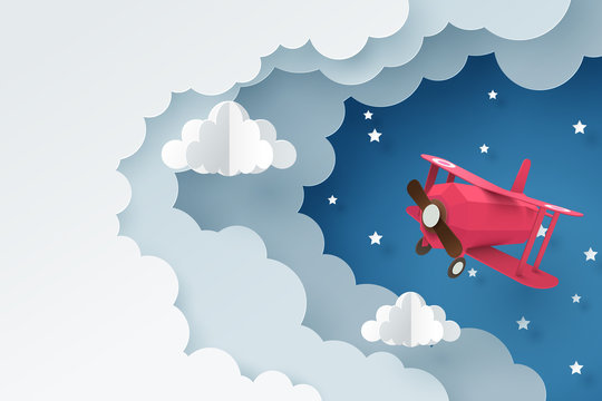 Paper art of plane flying through cloud at night