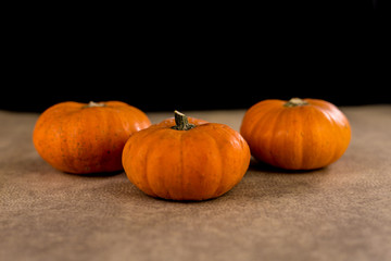 Small seasonal orange pumpkins with textured background