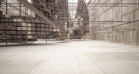 Abstract architectural concrete  interior  from an array of white cubes with large windows. 3D illustration and rendering.