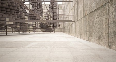 Abstract architectural concrete  interior  from an array of white cubes with large windows. 3D illustration and rendering.
