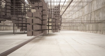 Abstract architectural concrete  interior  from an array of white cubes with large windows. 3D illustration and rendering.