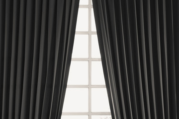 Black windows and curtains home interior natural sunlight background.