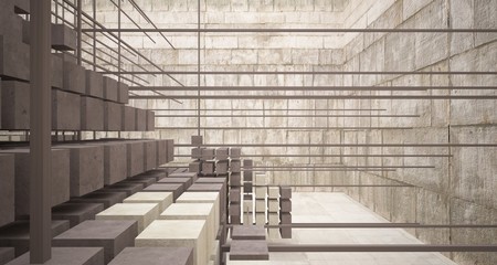 Abstract architectural concrete  interior  from an array of white cubes with large windows. 3D illustration and rendering.