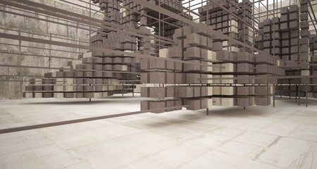 Abstract architectural concrete  interior  from an array of white cubes with large windows. 3D illustration and rendering.