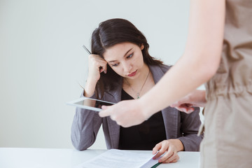 Business girl boring tired worry bad mood and moody office friend worker lady.