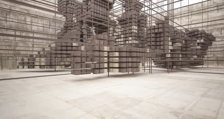 Abstract architectural concrete  interior  from an array of white cubes with large windows. 3D illustration and rendering.