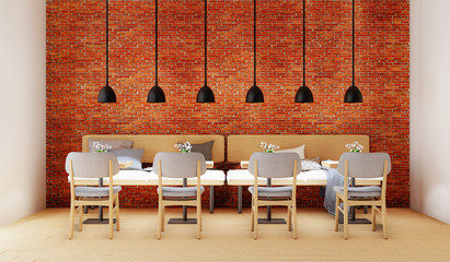 minimal living room and workspace interior, brick wall, 3d rendering
