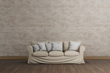 interior design of living room with sofa and brick wall, 3D rendering