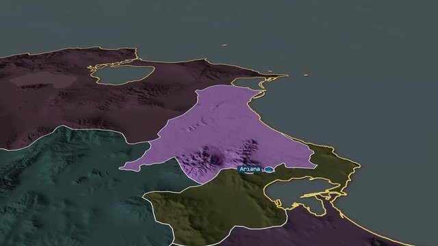 Ariana - governorate of Tunisia with its capital zoomed on the administrative map of the globe. Animation 3D