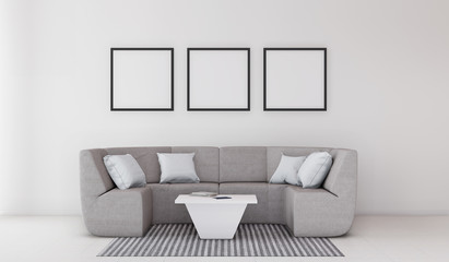 minimal white living room interior design scandinavian with sofa, 3d rendering