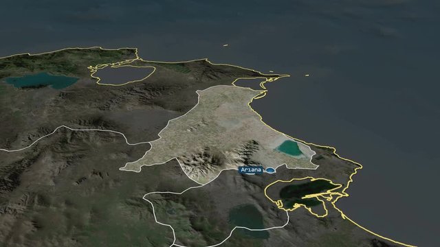 Ariana - governorate of Tunisia with its capital zoomed on the satellite map of the globe. Animation 3D