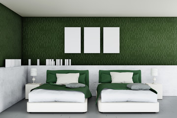 minimal interior of green white bedroom with two beds, 3D rendering
