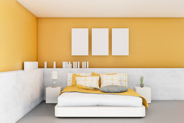 minimal interior of yellow white bedroom with double bed, 3D rendering