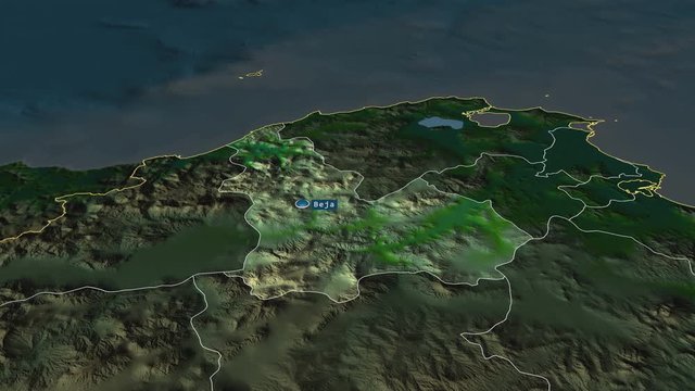 B&eacute;ja - governorate of Tunisia with its capital zoomed on the physical map of the globe. Animation 3D