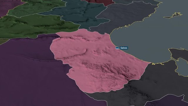 Gab&egrave;s - governorate of Tunisia with its capital zoomed on the administrative map of the globe. Animation 3D
