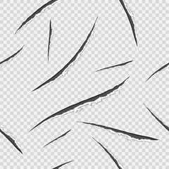 Seamless pattern with black claws animal scratch scrape track. Ragged edges. Damaged cloth. Transparent background. Vector illustration.