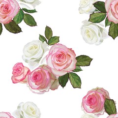 Roses bouquet white and pink color seamless pattern vector illustration
