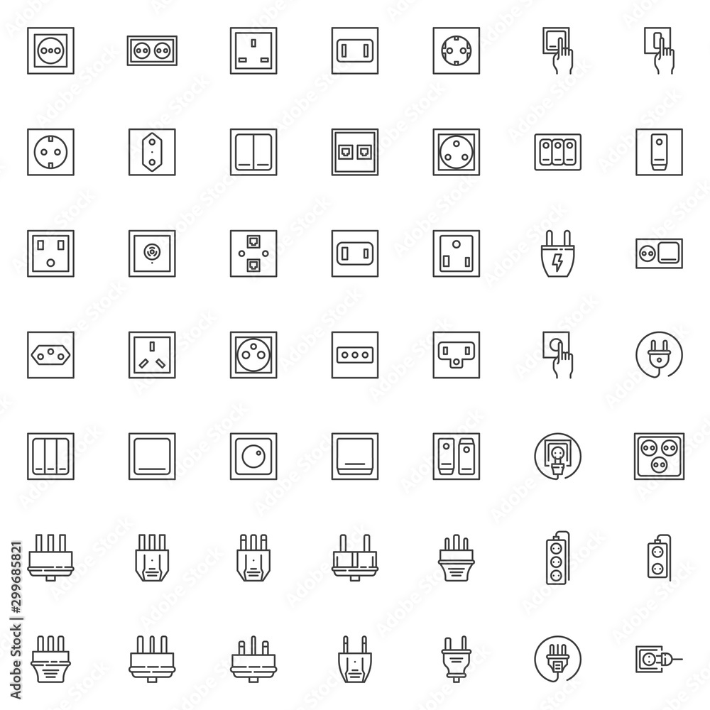 Poster electric plug and socket line icons set. linear style symbols collection outline signs pack. vector 