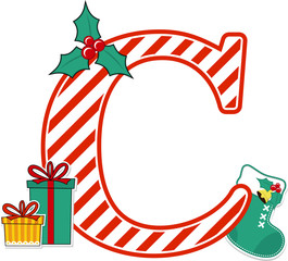 capital letter c with red and white candy cane pattern and christmas design elements isolated on white background. can be used for holiday season card, nursery decoration or christmas paty invitation