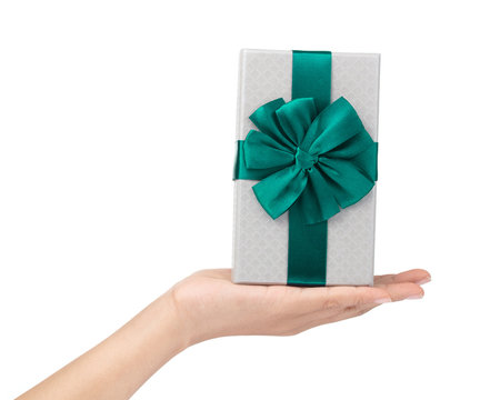 Green gift box with silver ribbon Stock Photo by ©worytko_pawel 43375631