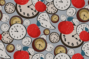 Seamless elegant abstract pattern with red apples and clock on light gray background. Hand drawn fruit and dial of the watch. Wonderland. Vector illustration in retro, vintage style.