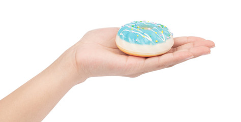 hand holding Donut isolated on white background.