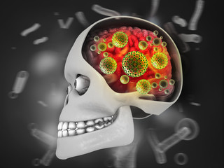 Virus attacking humans brain. 3d illustration.