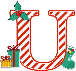 capital letter u with red and white candy cane pattern and christmas design elements isolated on white background. can be used for holiday season card, nursery decoration or christmas paty invitation © Sergio Hayashi