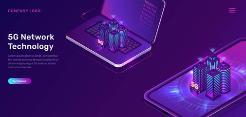 5G network technology, isometric concept vector illustration. Smart city, buildings with symbol wireless internet, mobile phone, laptop isolated on ultraviolet background. High speed internet web page