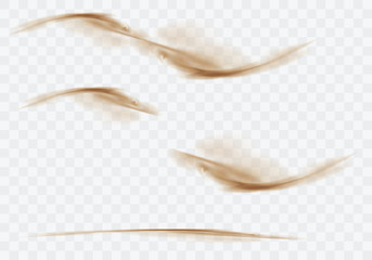 Desert sandstorm set, brown dusty clouds or dry sand flying with gust of wind, explosion collection realistic texture vector illustration isolated on transparent background © klyaksun
