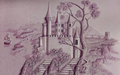 Fototapety  ilustracja 3d, ciemny liliowy obraz zamku, gór, żaglówki