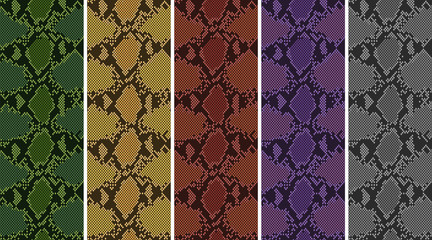 5 color python pixel pattern. Vector illustration. Yellow, green, red, purple, gray.