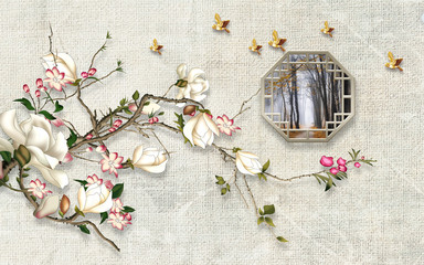 Fototapety  ilustracja 3d, jasne tło tkaniny, ośmiokątna ramka z jesiennym lasem, zakrzywiona gałąź kwitnącej magnolii, złote ptaki